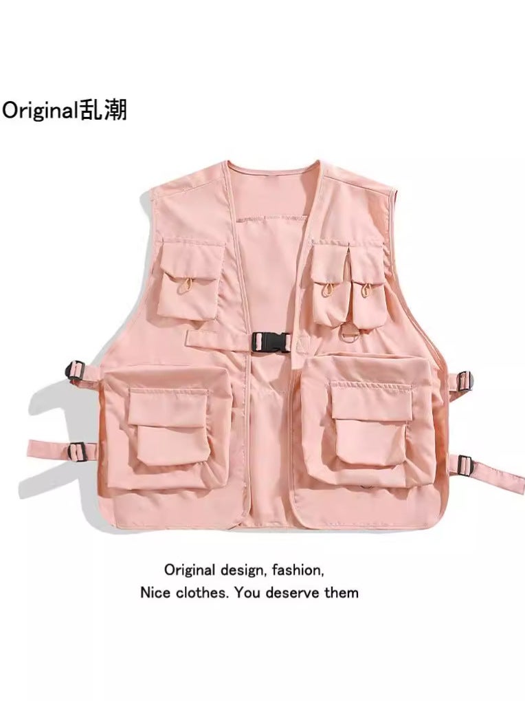 Japanese Style Trendy Brand Ins Rap Function Tactical Vest Multi-Pocket Workwear Vest Waistcoat Pink Jacket For Men And Women - Image 5